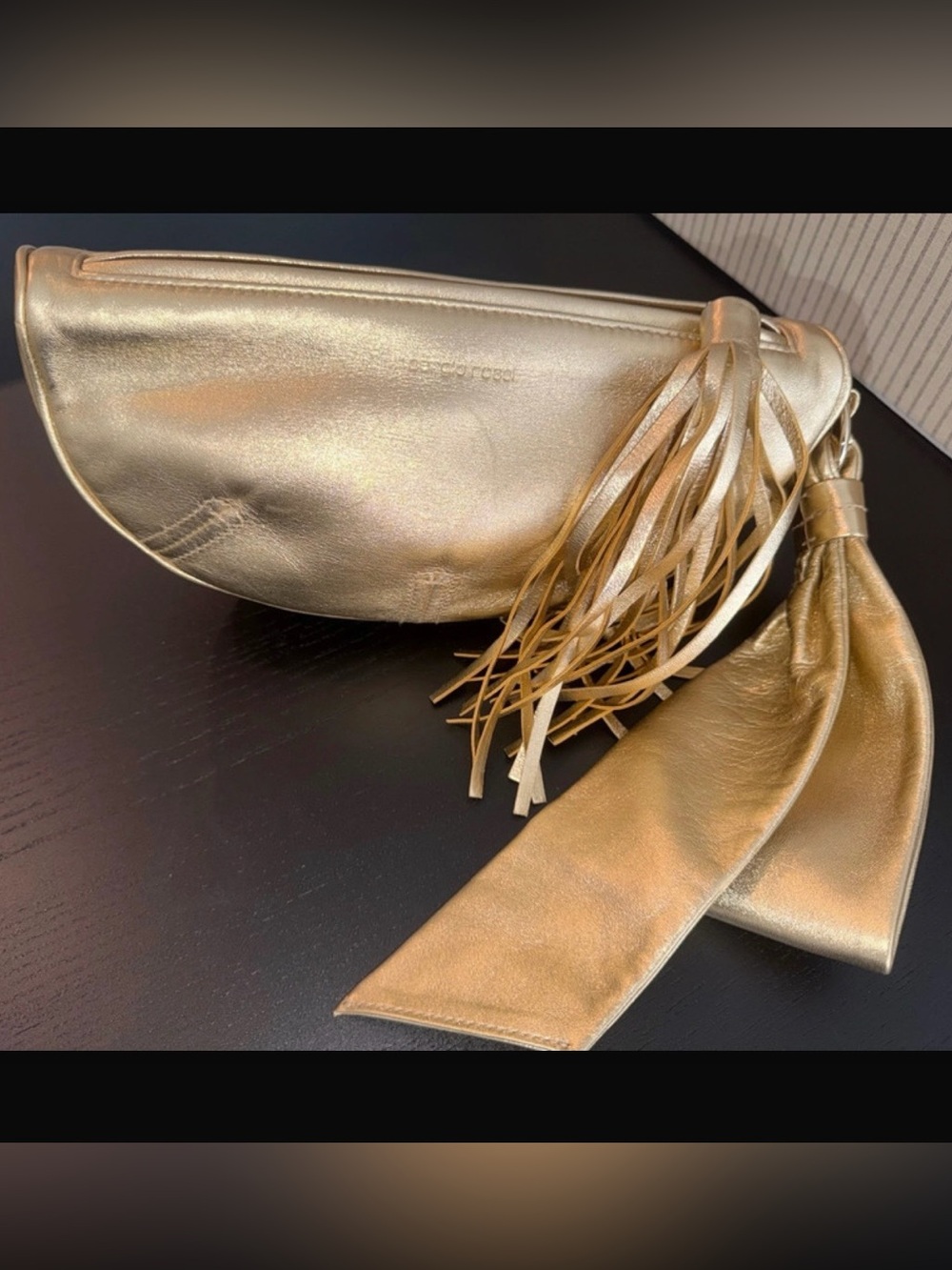 Sergio Rossi Metallic Gold Leather Wristlet Clutch with Tassel